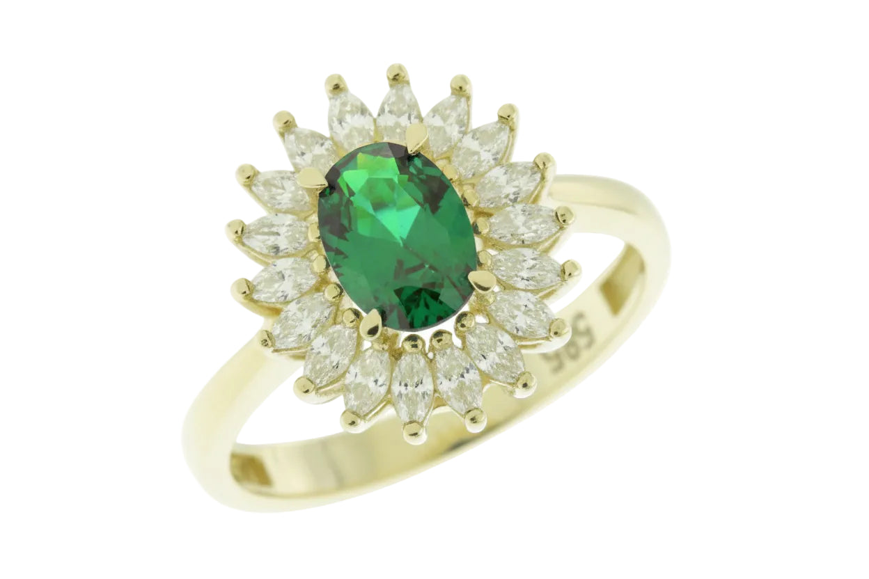 14K Gold Ring with Green Rosette and Halo of White Zircon Stones