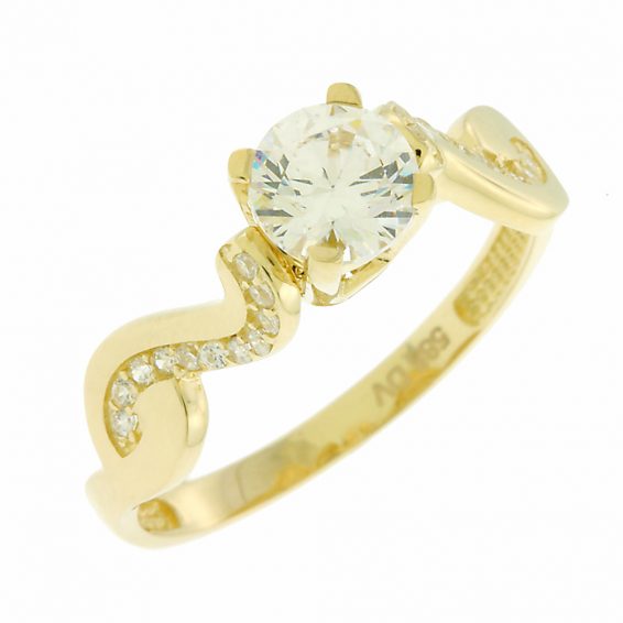 Women’s 14K Gold Solitaire Ring with White Side Zircon Stones