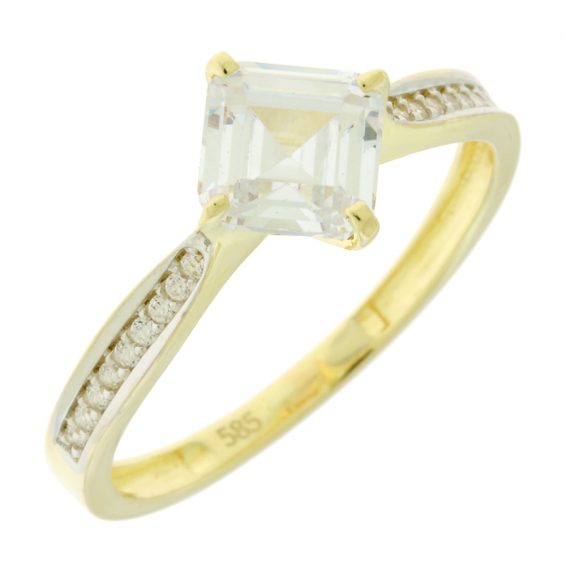 Women’s 14K Gold Ring with Square Solitaire and White Side Zircon Stones