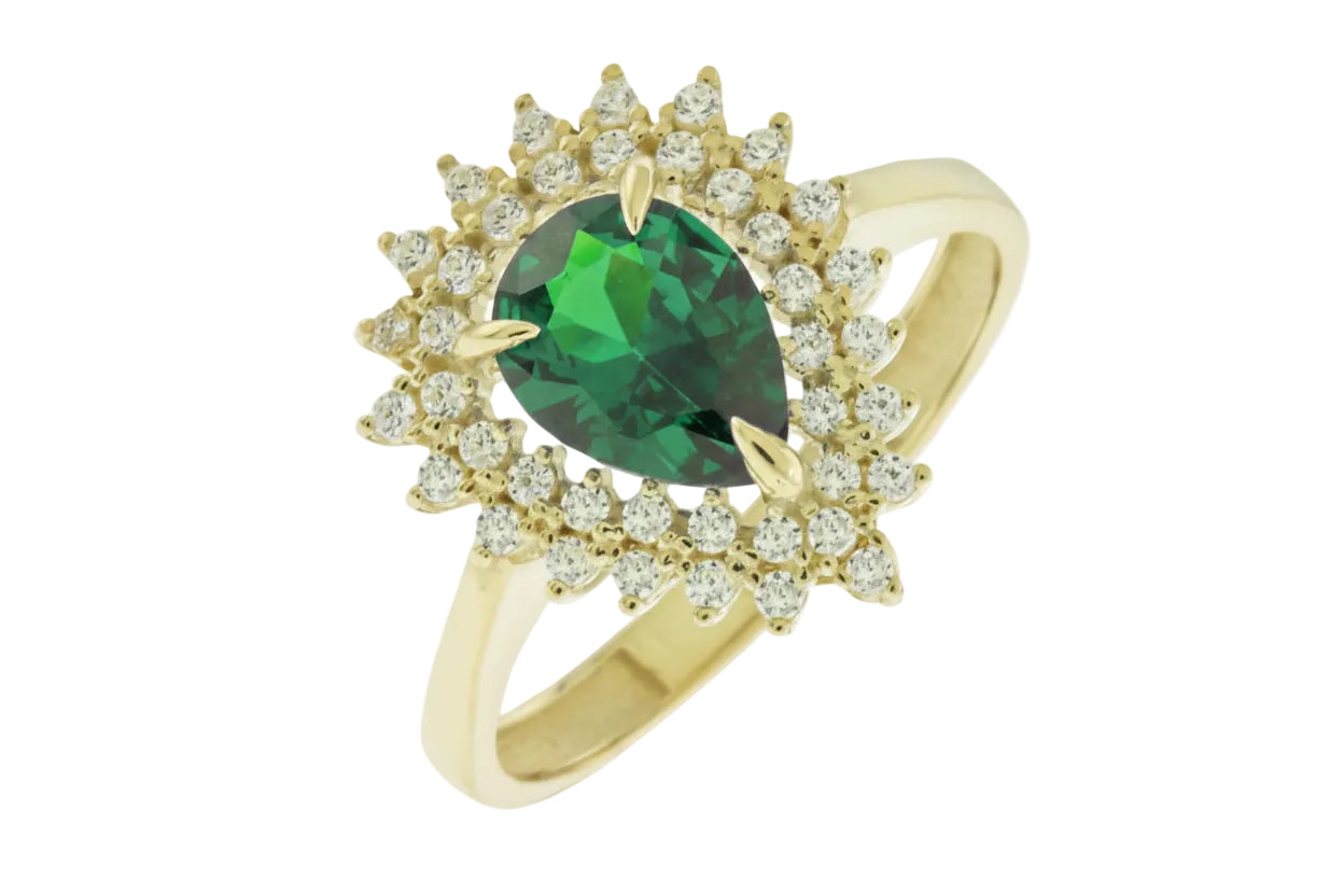 14K Gold Ring with Green Teardrop Rosette and Double Halo of White Zircon Stones