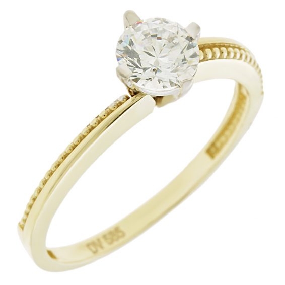 Women’s 14K Gold Solitaire Ring with White Side Zircon Stones