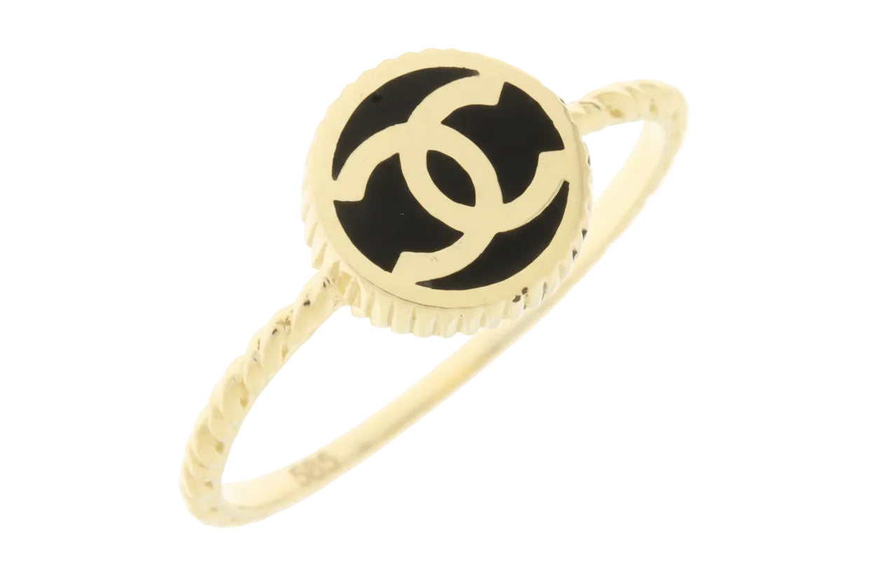 14K Gold CHANEL-Style Ring with Black Enamel