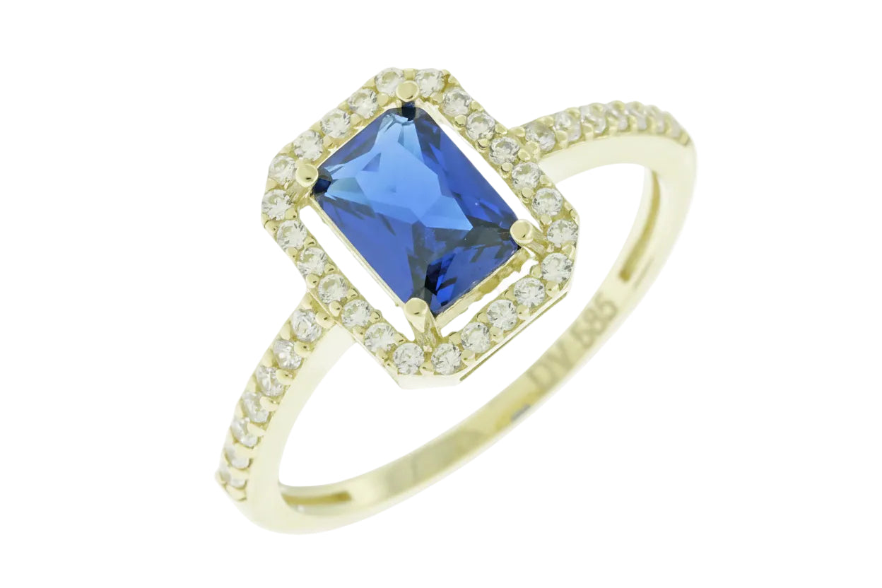 Women’s Gold Ring with Rectangular Blue Stone and White Zircon, 14K Gold