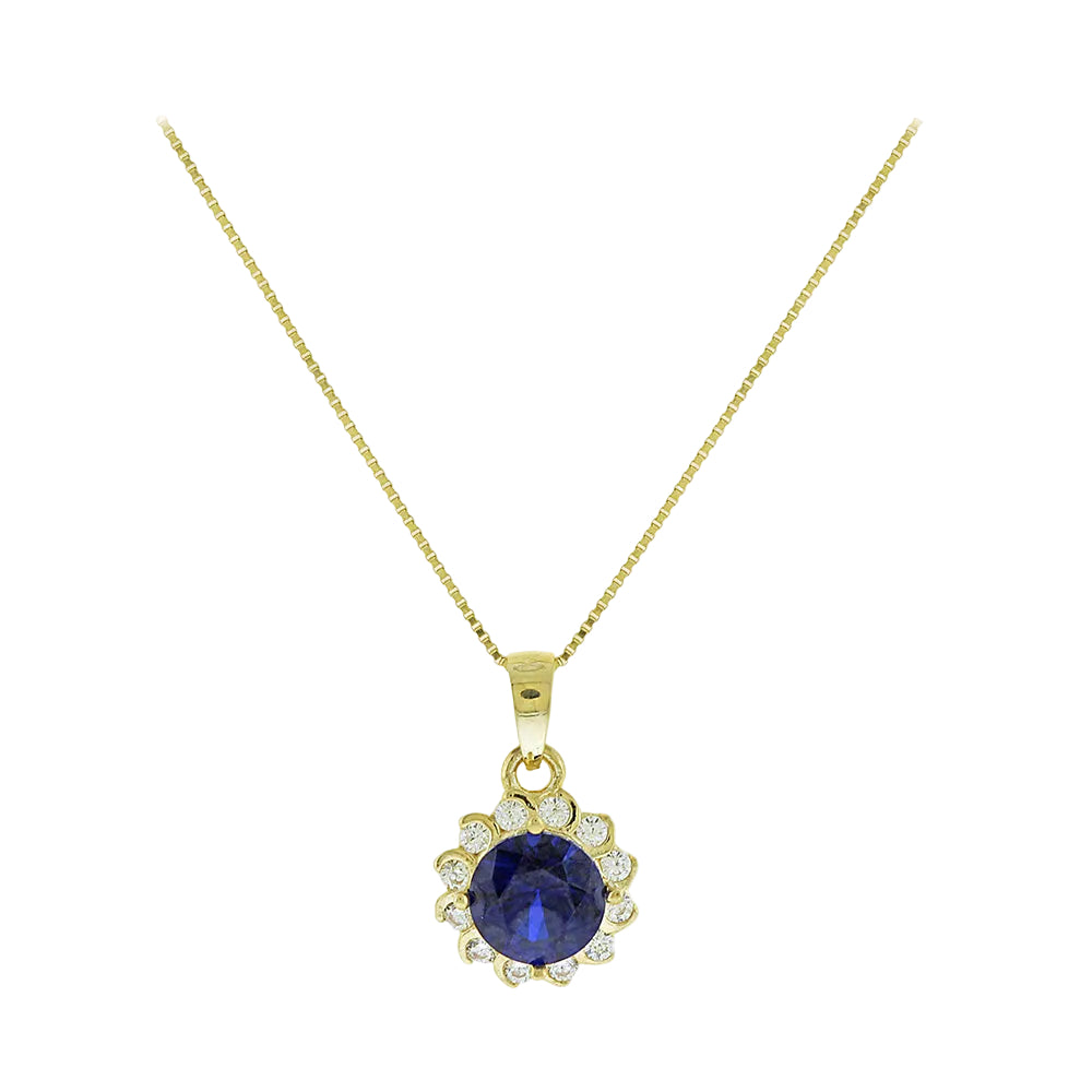 Gold Rosette Necklace with Round Blue Zircon and White Zircon Halo, 14K Gold