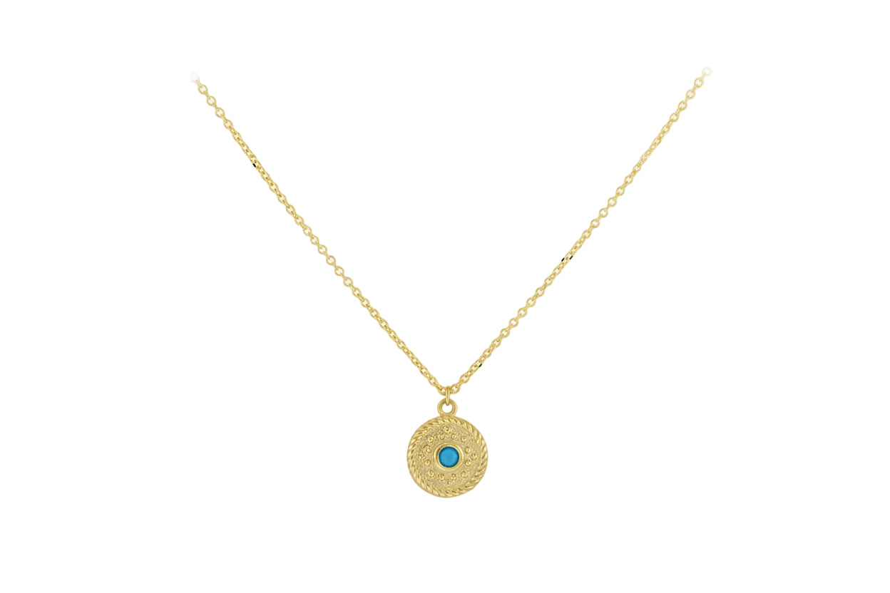 Women’s Gold Necklace with Small Konstantinato Coin and Turquoise Stone, 14K Gold