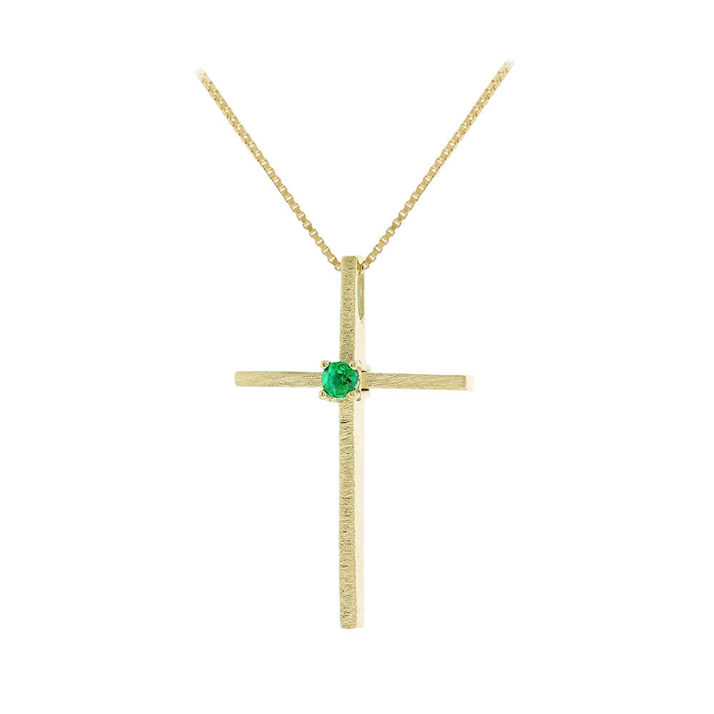 Women’s Gold Cross Necklace with Green Zircon (Also Available with White Zircon), 14K Gold
