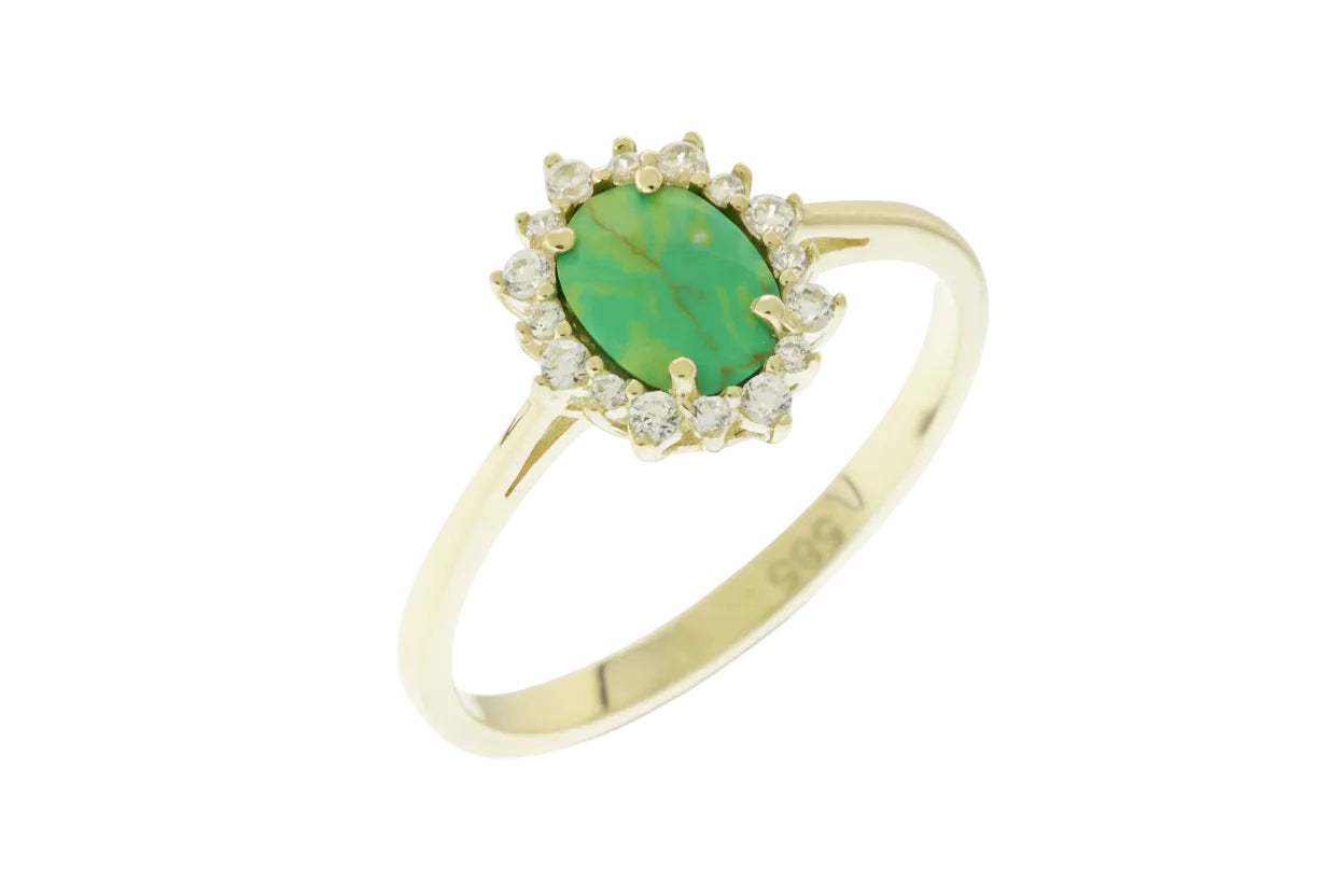 Women’s Gold Rosette Ring with Semi-Precious Green Stone and White Zircon, 14K Gold