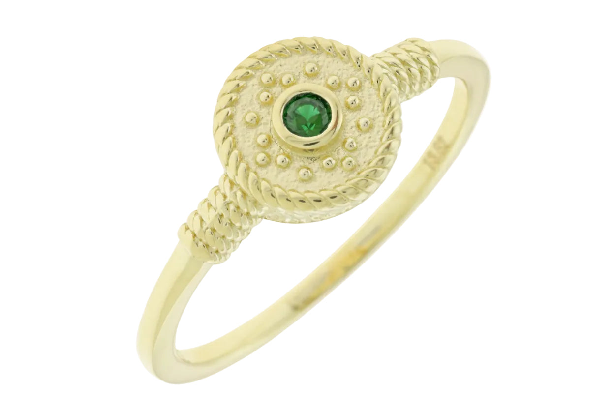 Women’s Byzantine-Style Gold Ring with Green Zircon, 14K Gold