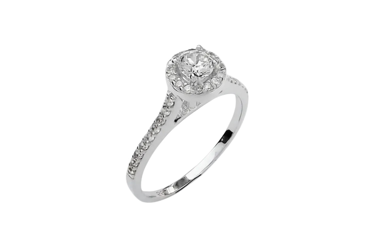 14K White Gold Pavé Halo Ring with White Stones