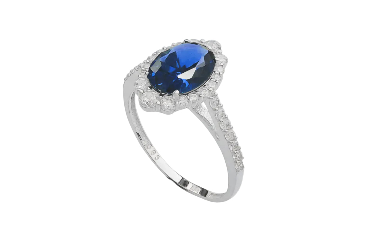 14K White Gold Oval Rosette Ring with Blue and White Zircon Stones