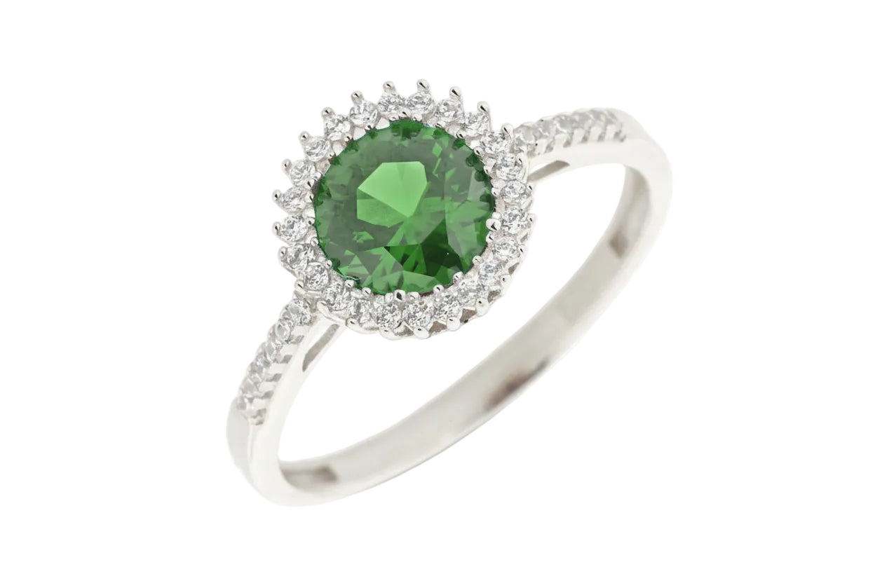 14K White Gold Ring with Green Rosette and Halo of White Zircon Stones