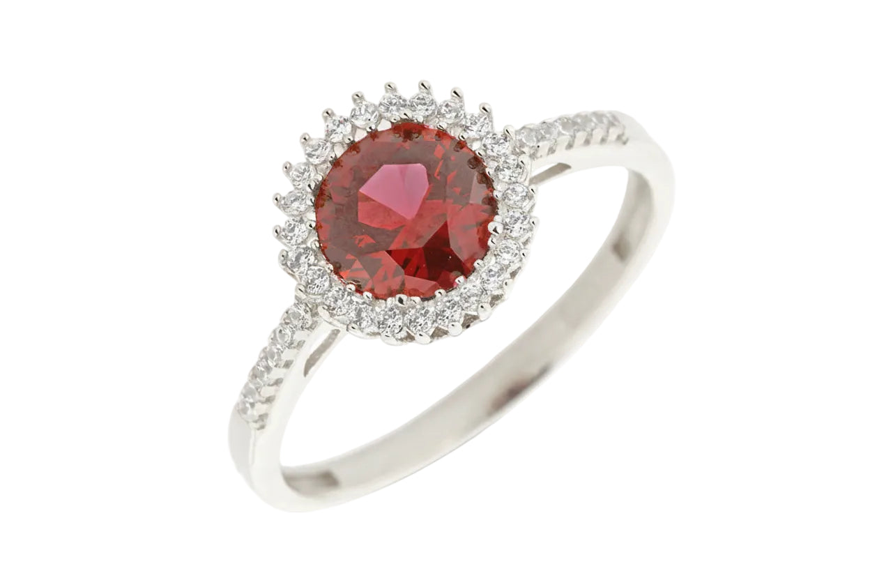 White Gold Ring with Dark Red Rosette and White Zircon Halo, 14K Gold