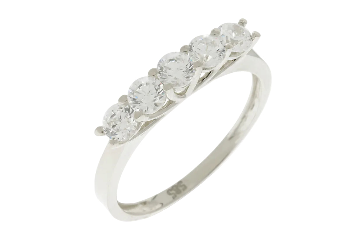 14K White Gold Serti-Set Ring with Five White Zircon Stones