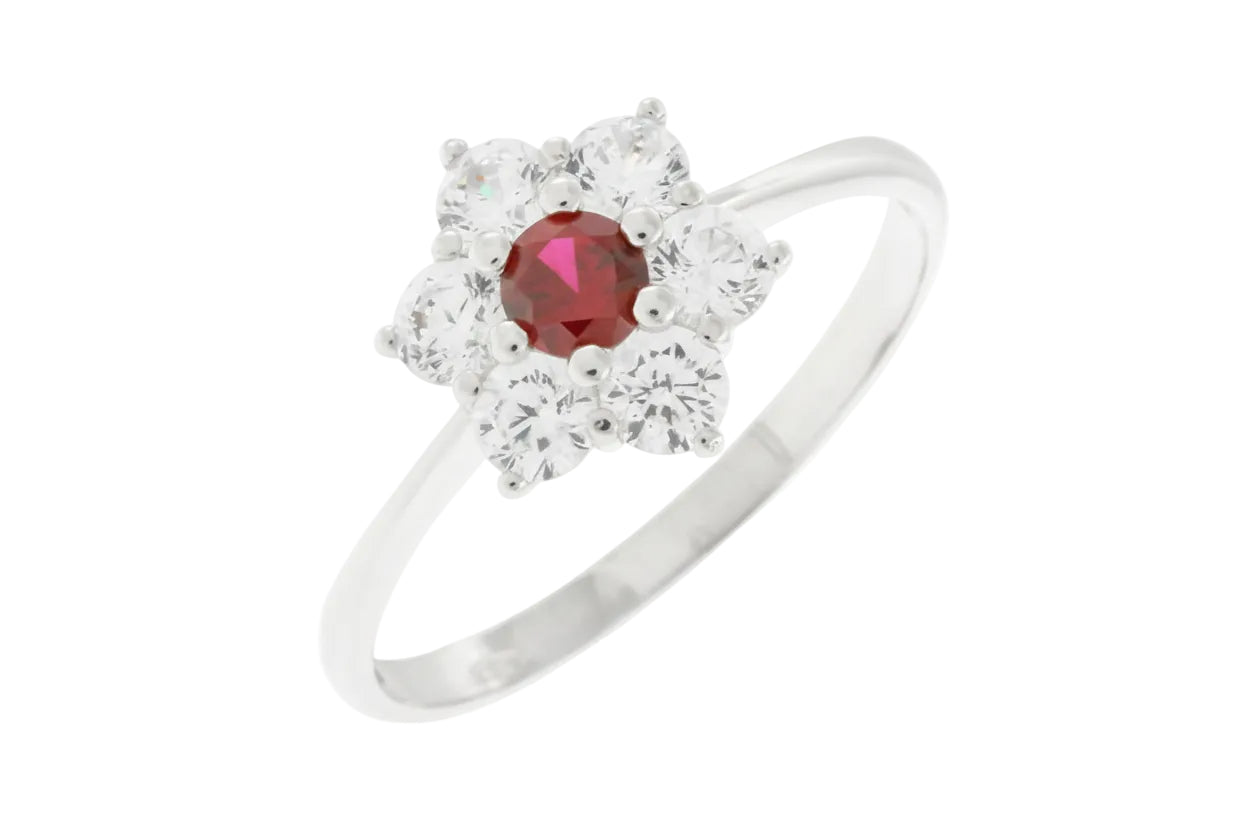 White Gold Ring with Red Rosette and Star-Shaped White Zircon, 14K Gold
