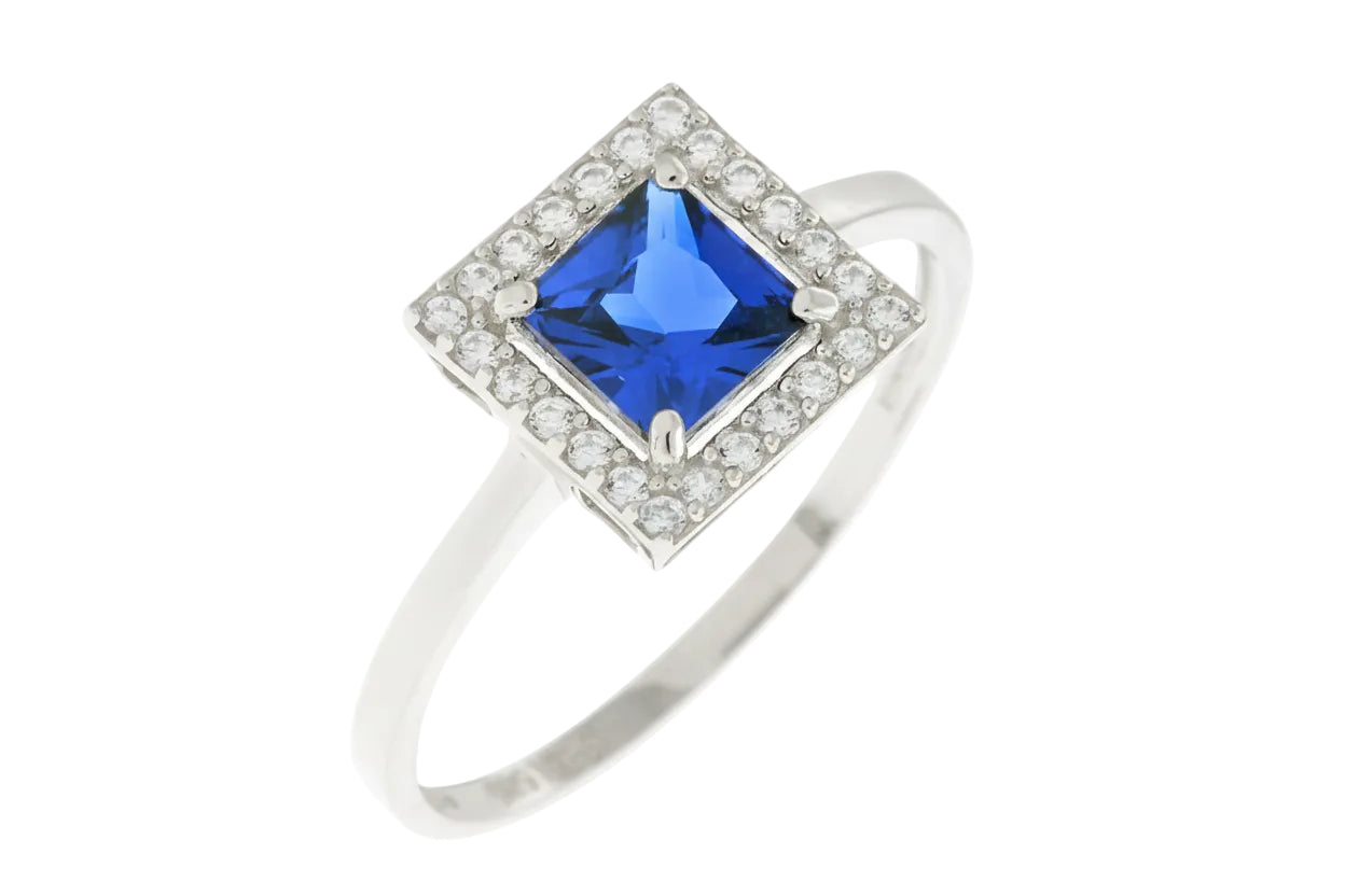 White Gold Ring with Square Blue Rosette and Outer White Zircon, 14K Gold