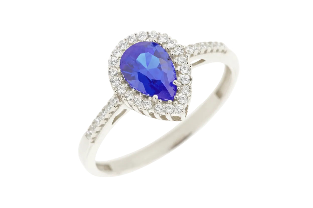 White Gold Ring with Blue Rosette and White Zircon, 14K Gold