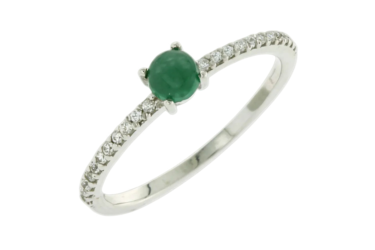 White Gold Ring with White Zircon and Green Stone, 14K Gold