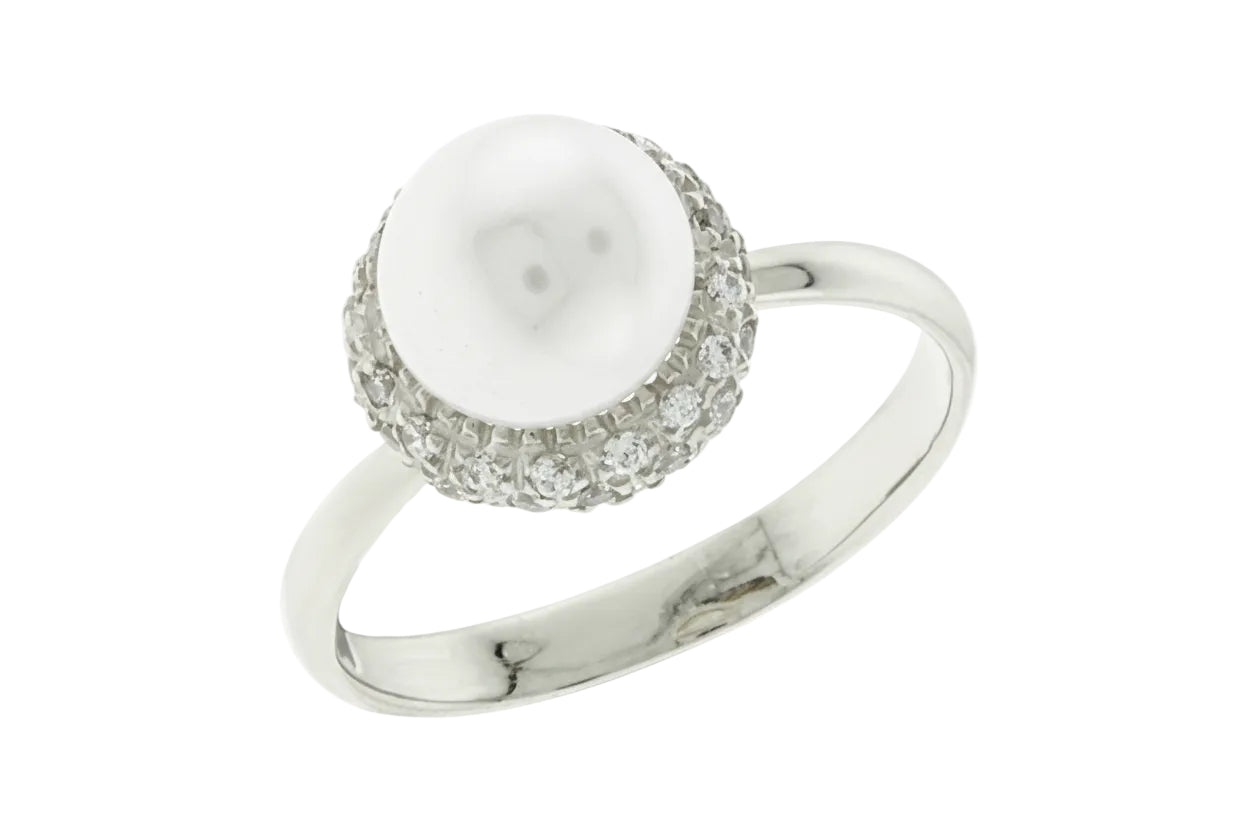 White Gold Ring with Pearl and White Zircon, 14K Gold