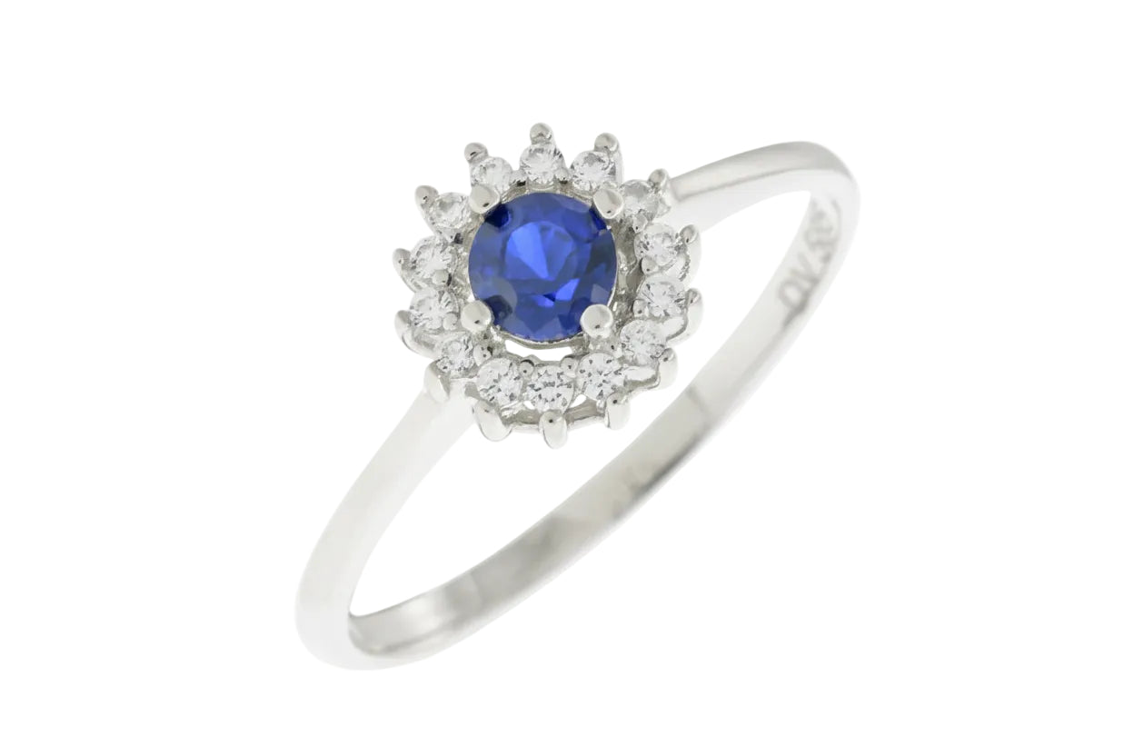 White Gold Ring with Central Blue Zircon and White Zircon Halo, 14K Gold