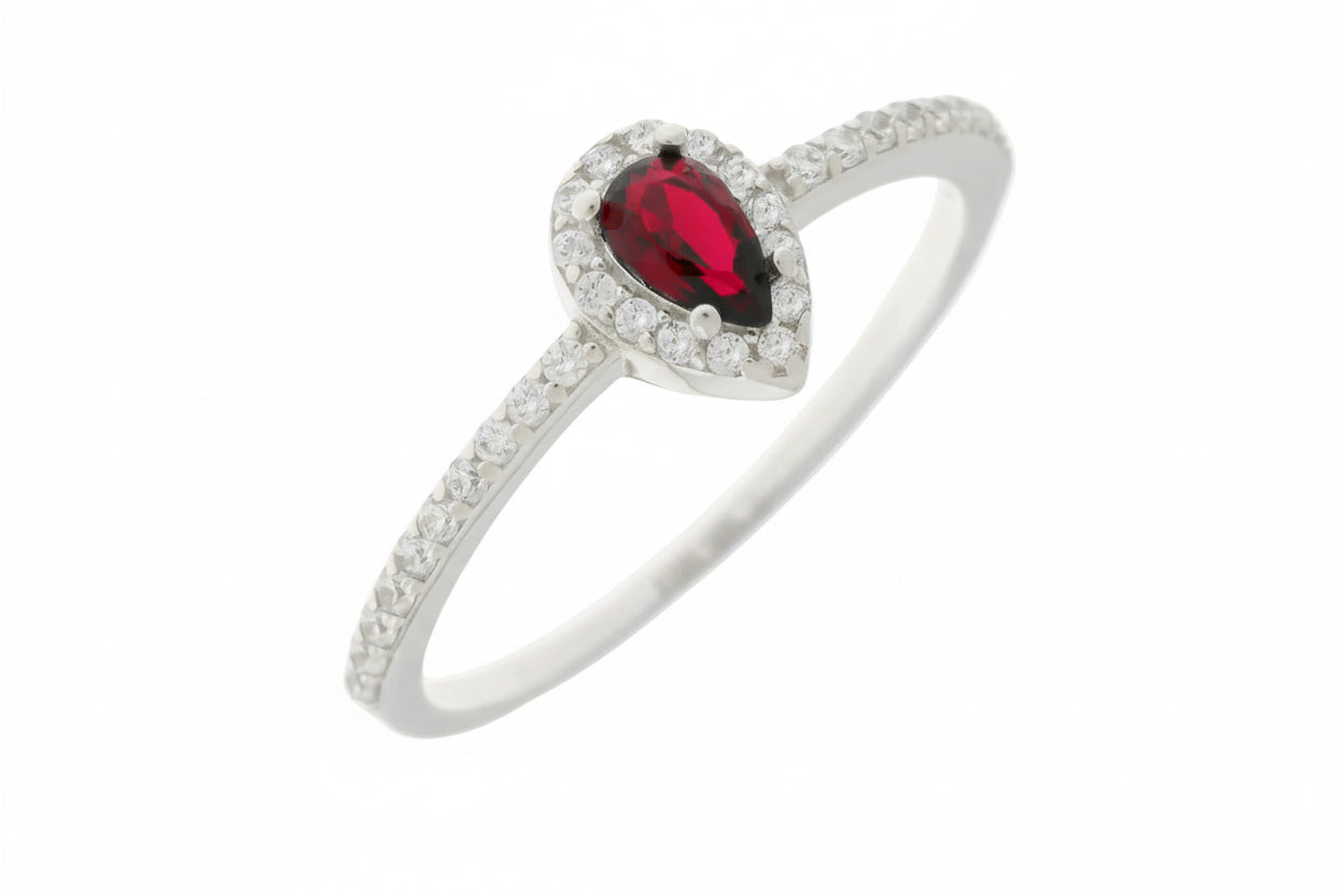 Sterling Silver Teardrop Ring with Red Stone, 925 Silver