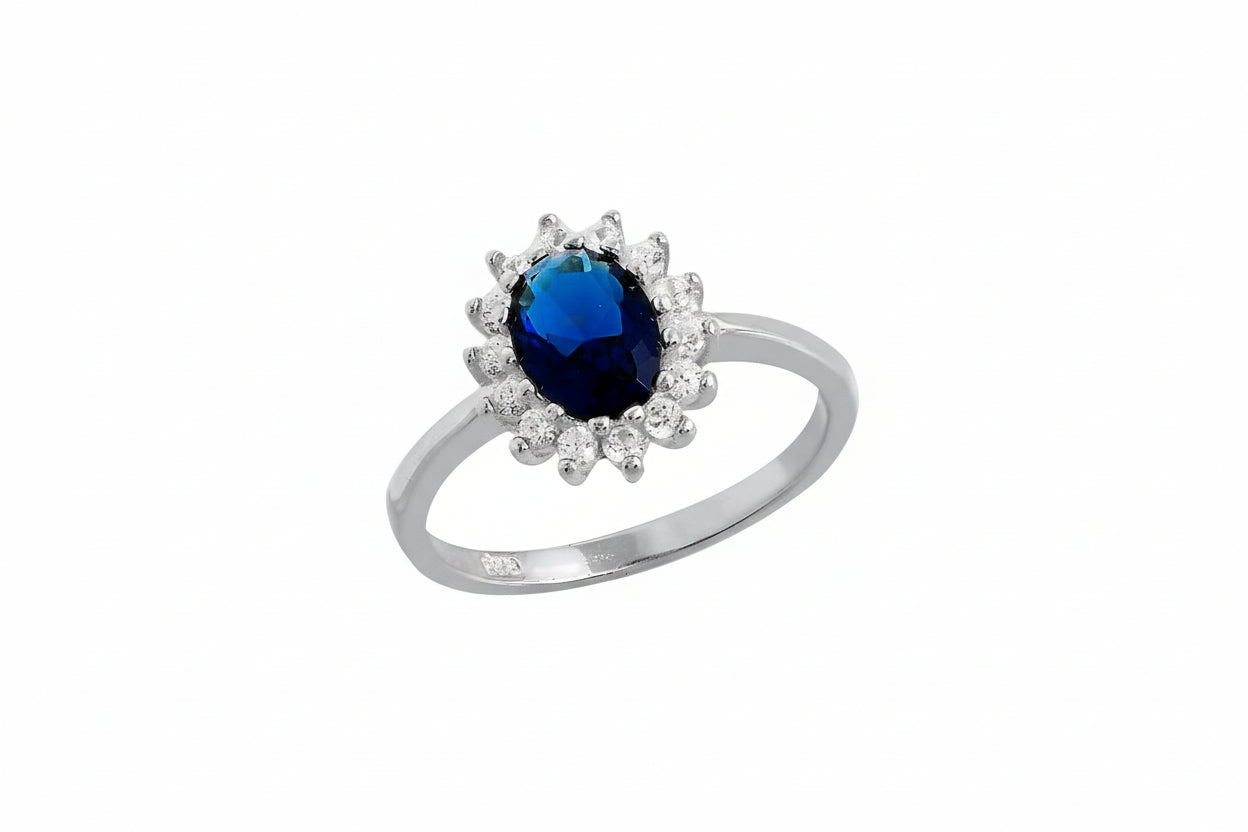 Silver ring with blue rosette and white zircons, Silver 925