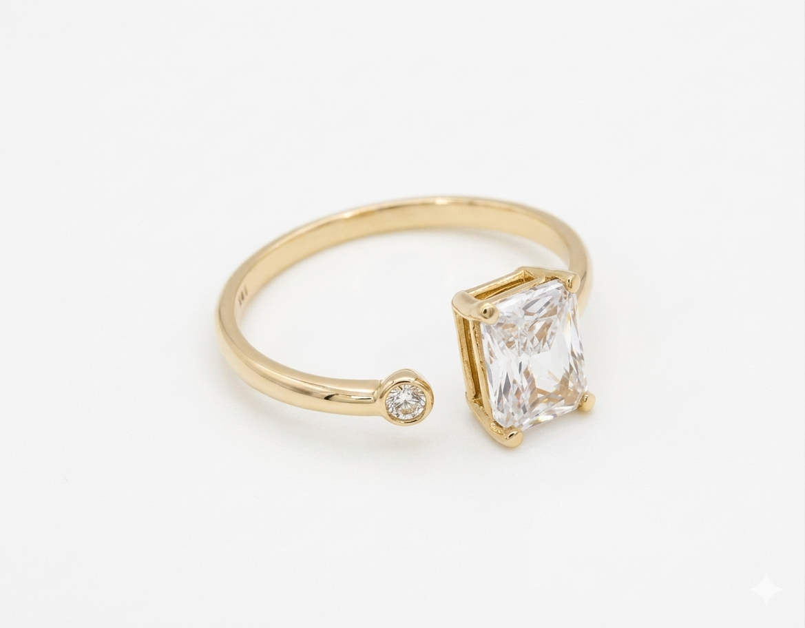 Toi et Moi Open Gold Ring with Emerald-Cut Zirconia, 14K Gold