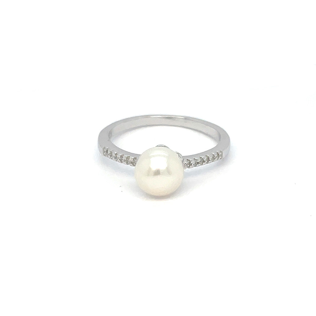 Women's 925 Sterling Silver Pearl Ring with Sparkling Stone Band