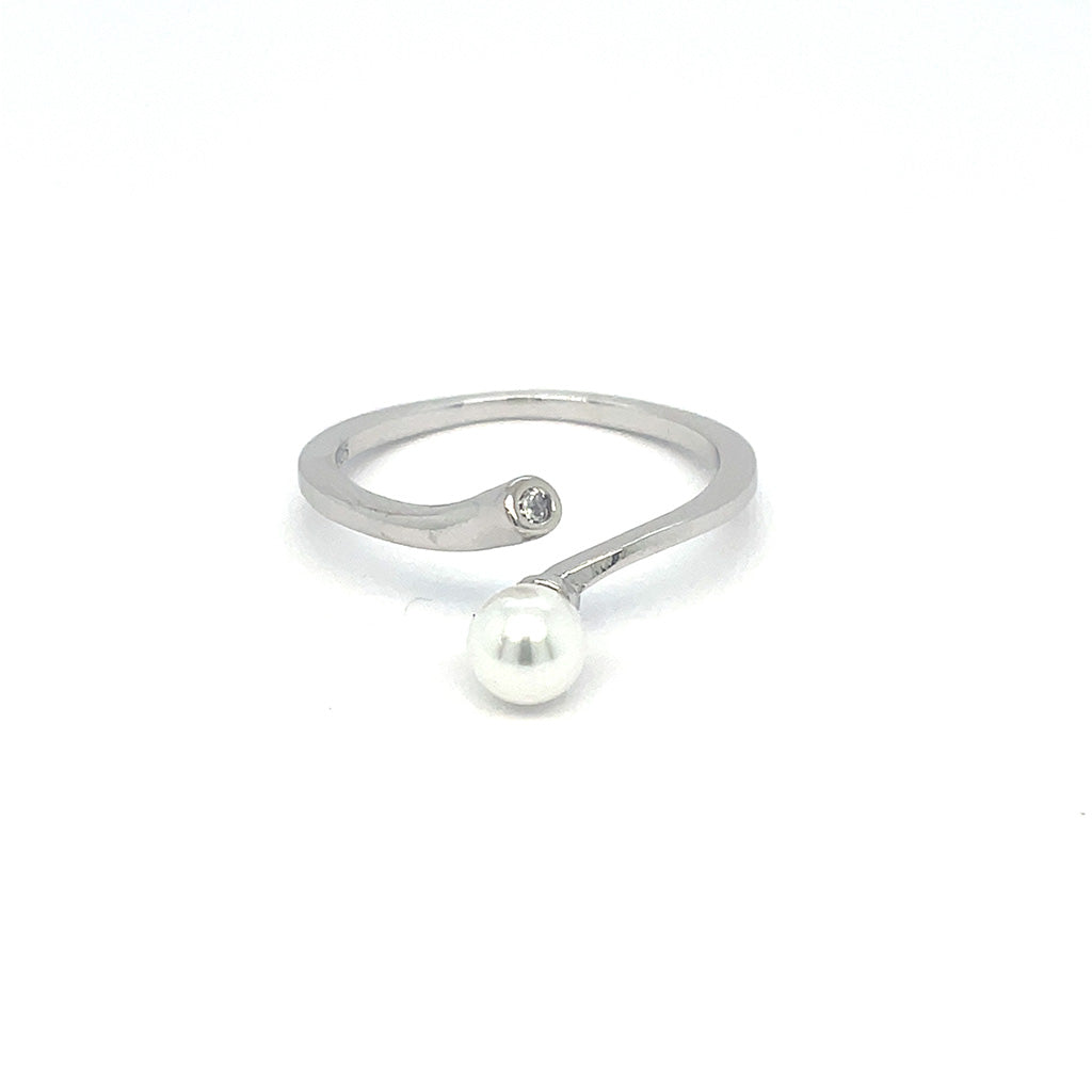 Women's 925 Sterling Silver Pearl and Solitaire Zirconia Bypass Ring