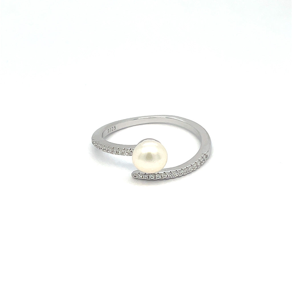 Women's 925 Sterling Silver Pearl Bypass Ring with Sparkling Stones