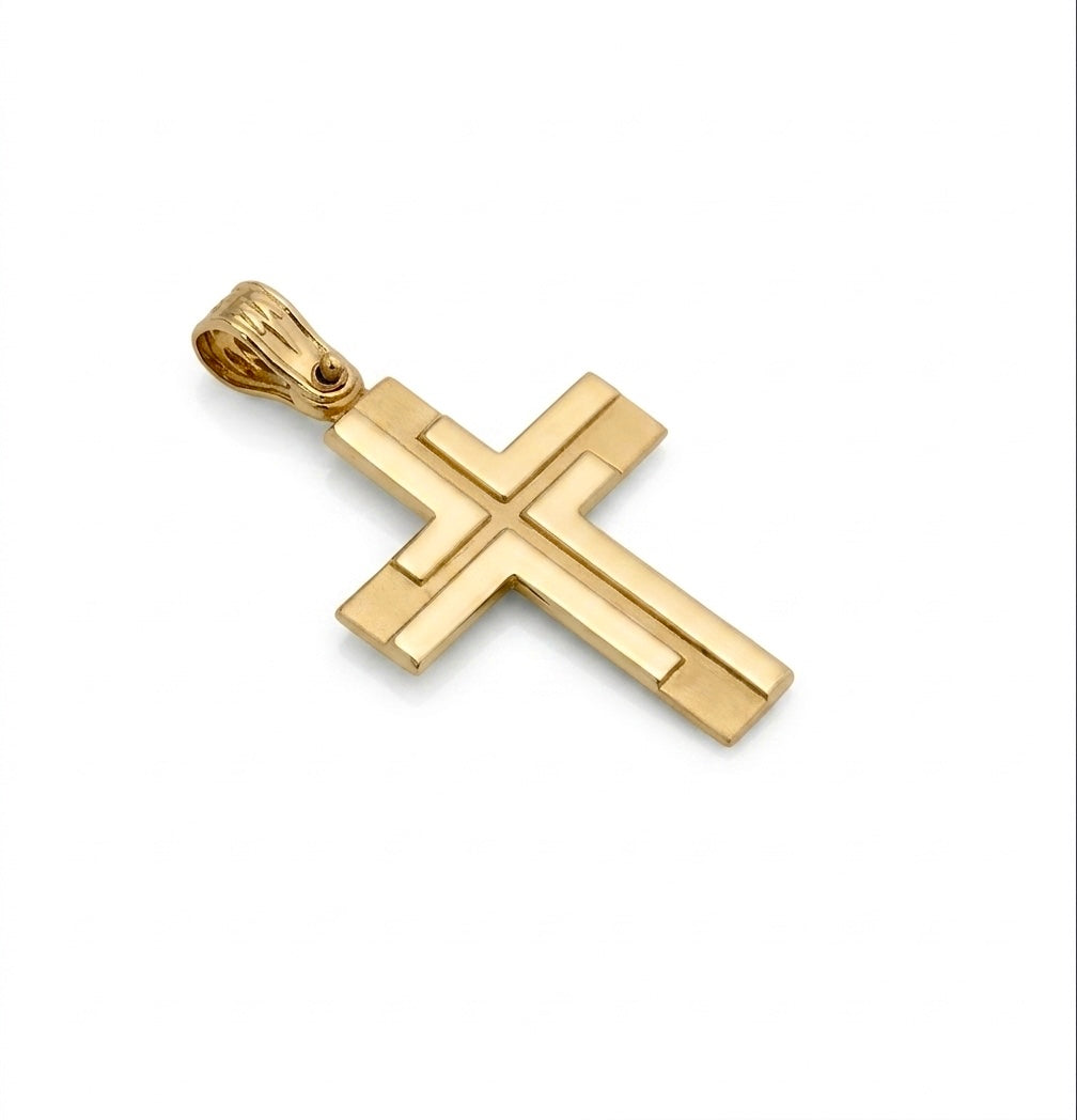 14K Yellow Gold Men’s Baptismal Cross with Modern Geometric Design