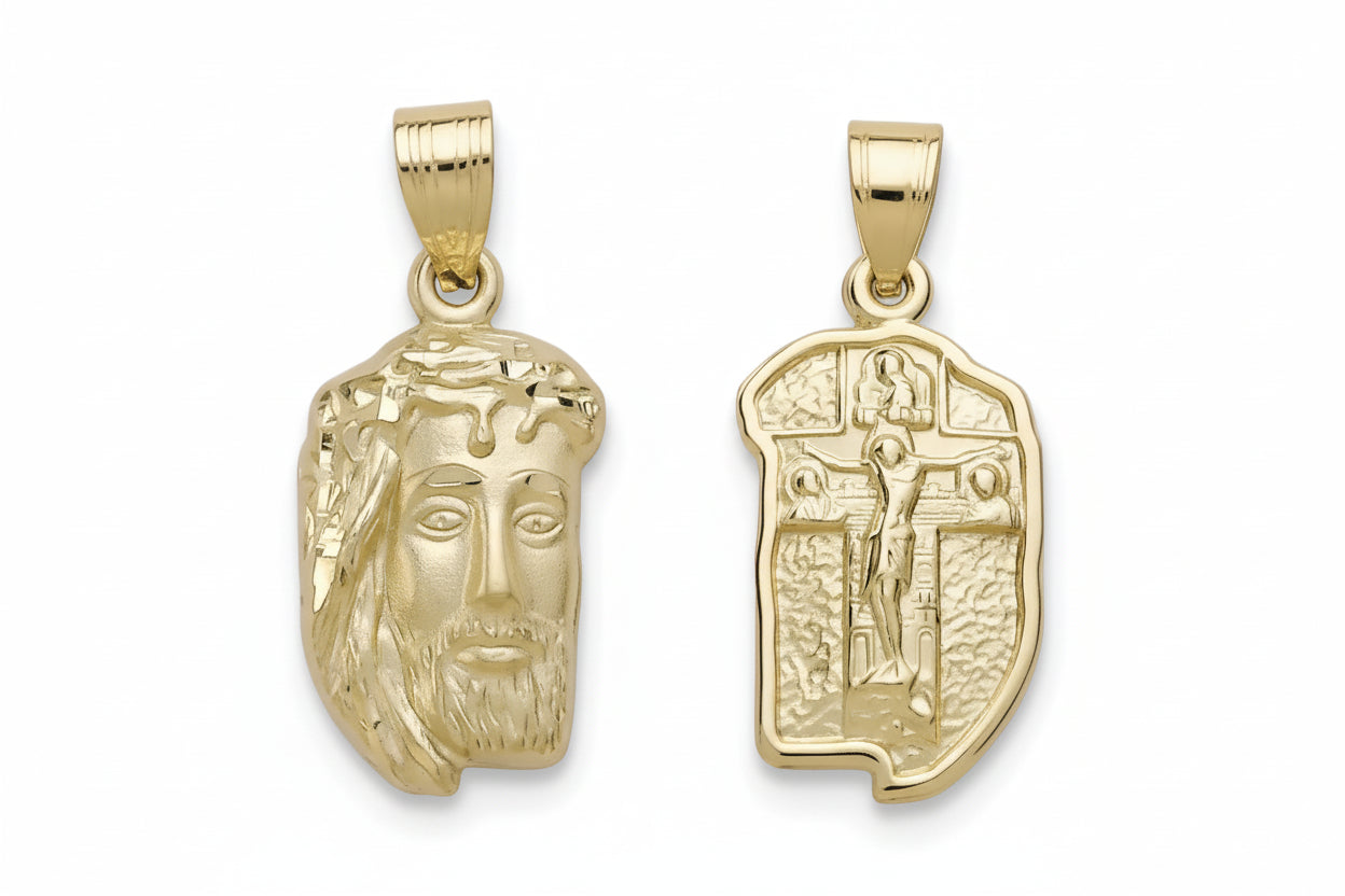 Gold Pendant with Christ Head and Small Crucifix, 14K Gold