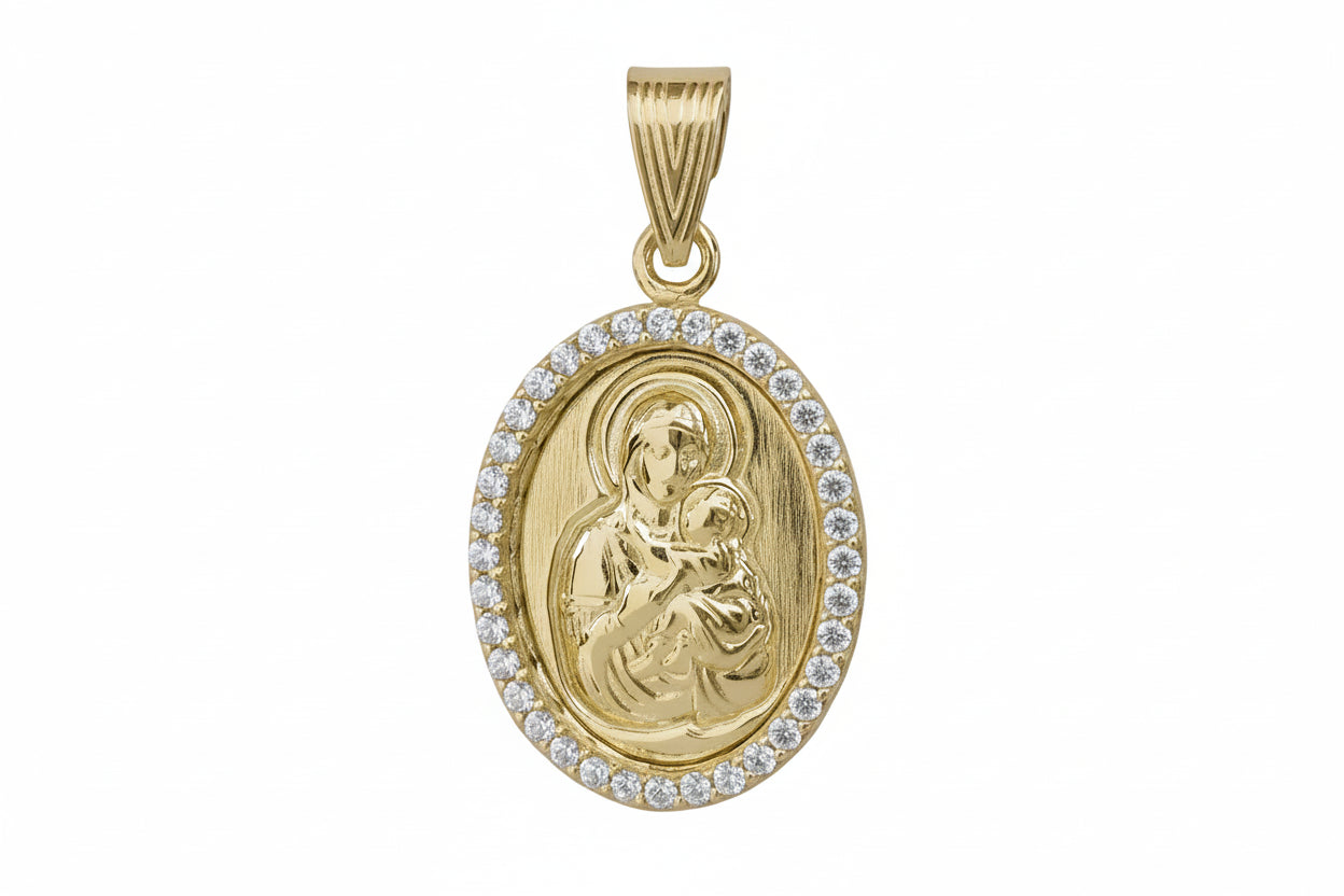 Polished Oval Virgin Mary Pendant with White Stones, 14K Gold