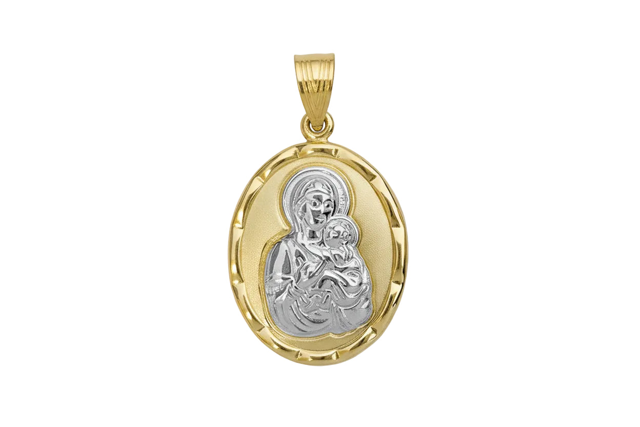Oval Matte Konstantinato Talisman with Virgin Mary, Single-Sided, 14K Gold