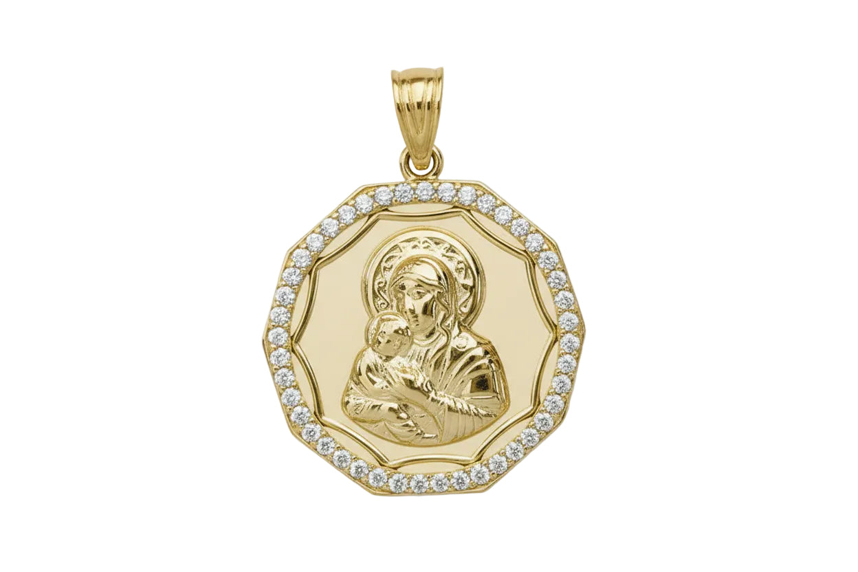 Large Round Polished Gold Virgin Mary Pendant with White Zircon, 14K Gold