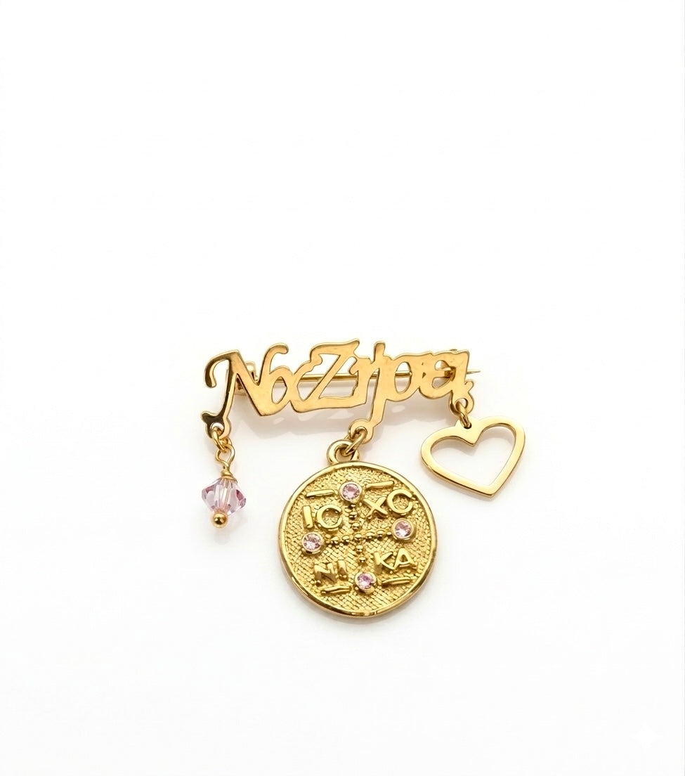 Gold Plated 925 Sterling Silver Children's "Na Zisei" Pin with Pink Zirconia IC XC NI KA Medallion