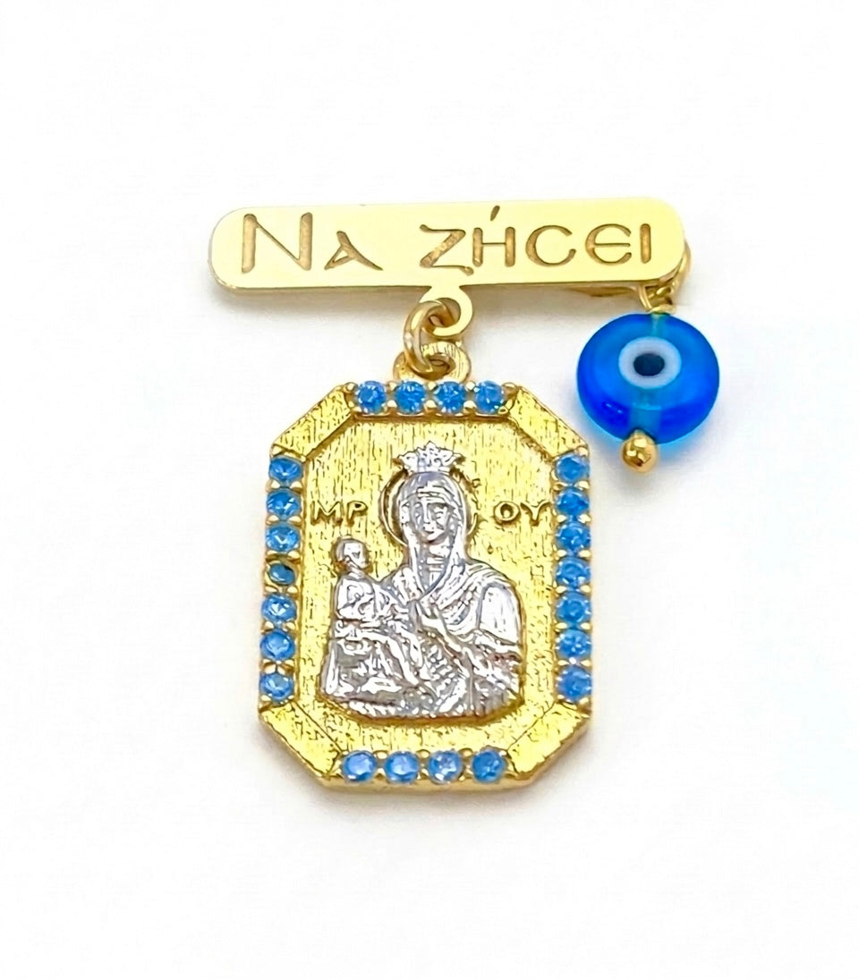 Gold Plated 925 Sterling Silver Children's "Na Zisei" Pin with Blue Zirconia Virgin Mary Medallion