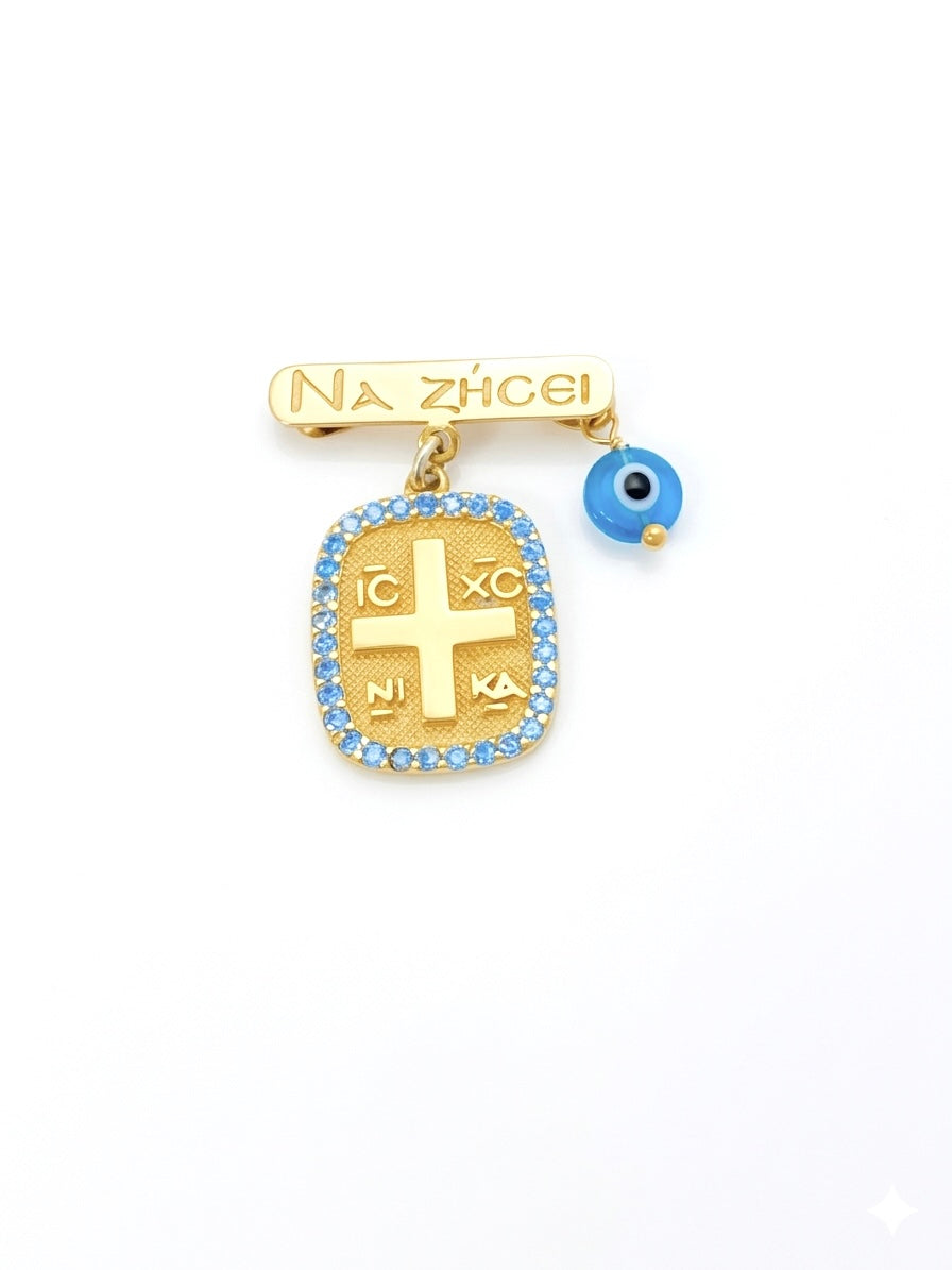 Gold Plated 925 Sterling Silver Children's "Na Zisei" Pin with Blue Zirconia IC XC NI KA Medallion