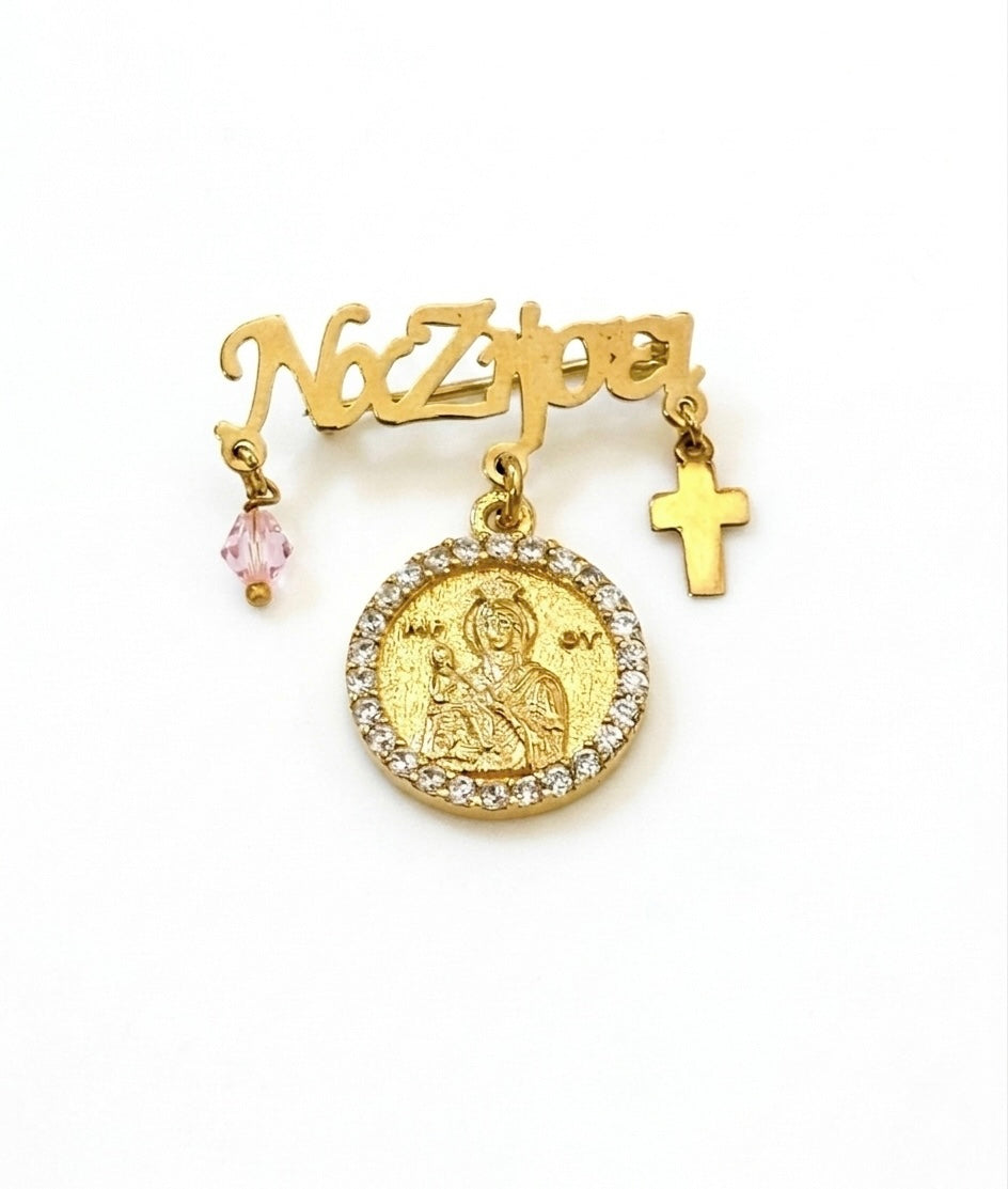 Girl’s "Na Ziseis" Gold-Plated 925 Sterling Silver Pin with Virgin Mary and Zirconia