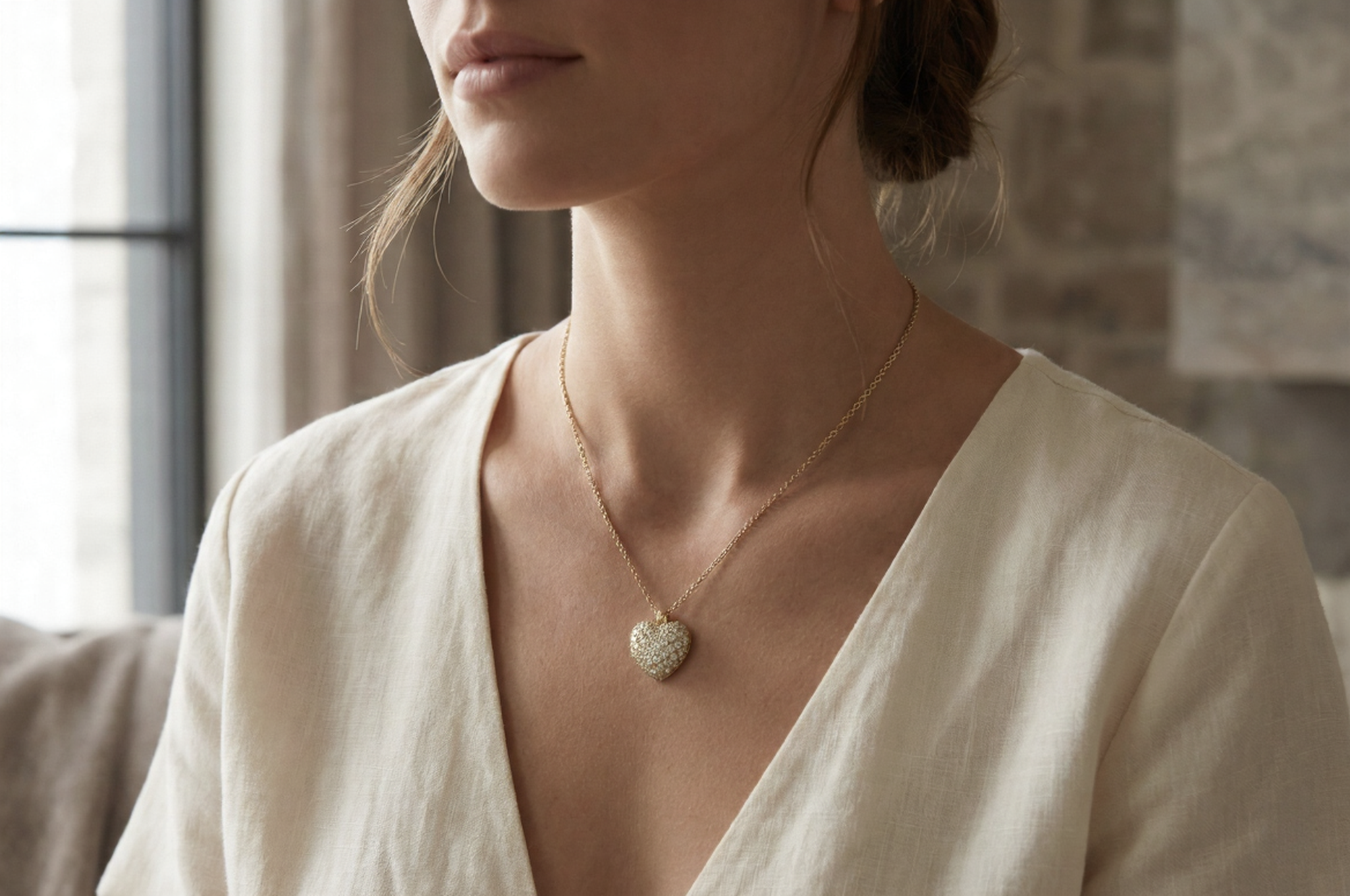 14K Gold Open Heart Necklace with White Zircon Stones