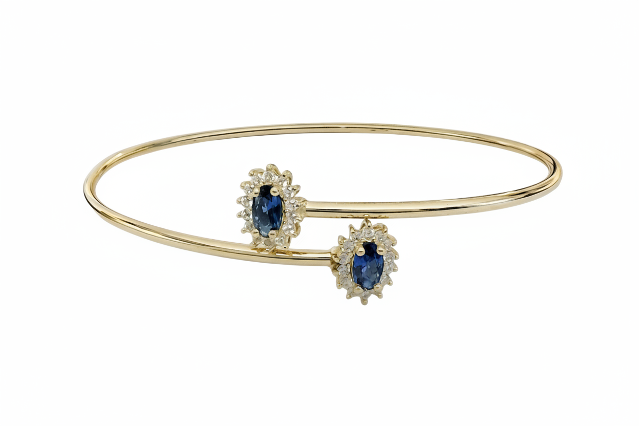 14K Gold Bangle with Rosette Motifs and Oval Blue and White Stones