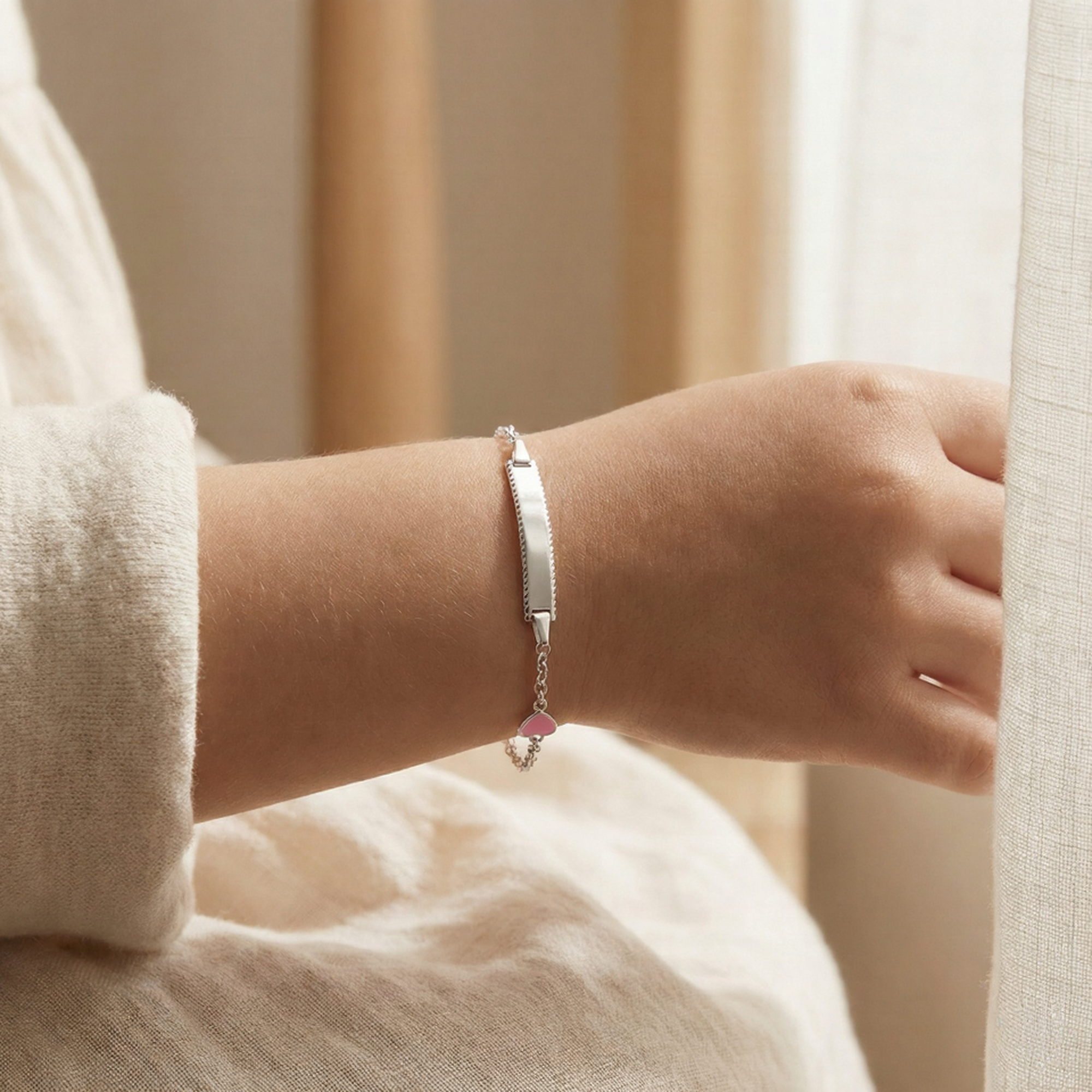 Children’s Silver Identity Bracelet with Hearts and Pink Enamel, 925 Sterling Silver