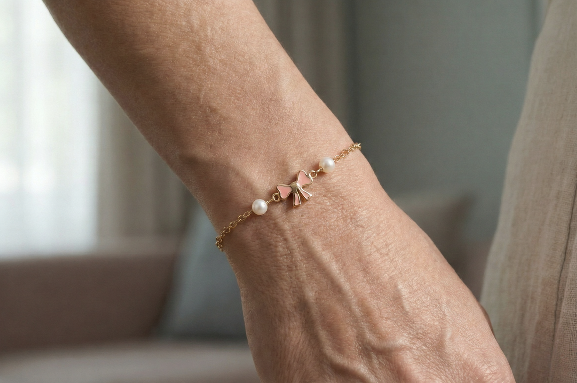 Gold Bracelet with Bow Evil Eye in Pink Enamel and Pearls, 14K Gold