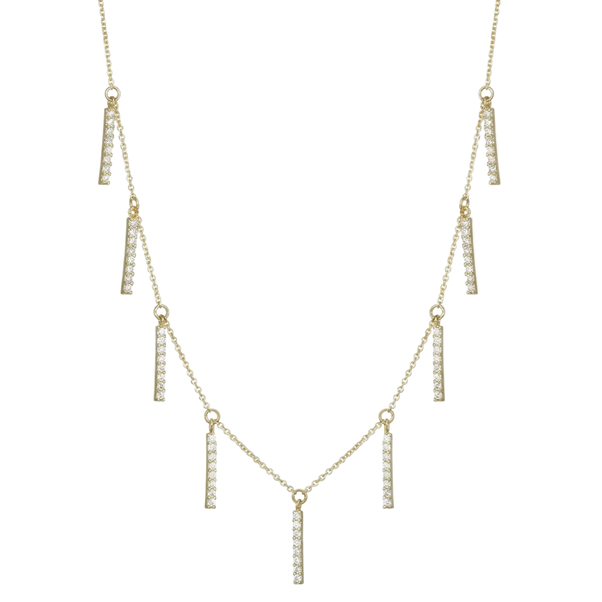 14K Gold Necklace with Hanging Bar Pendants and White Zircon Stones