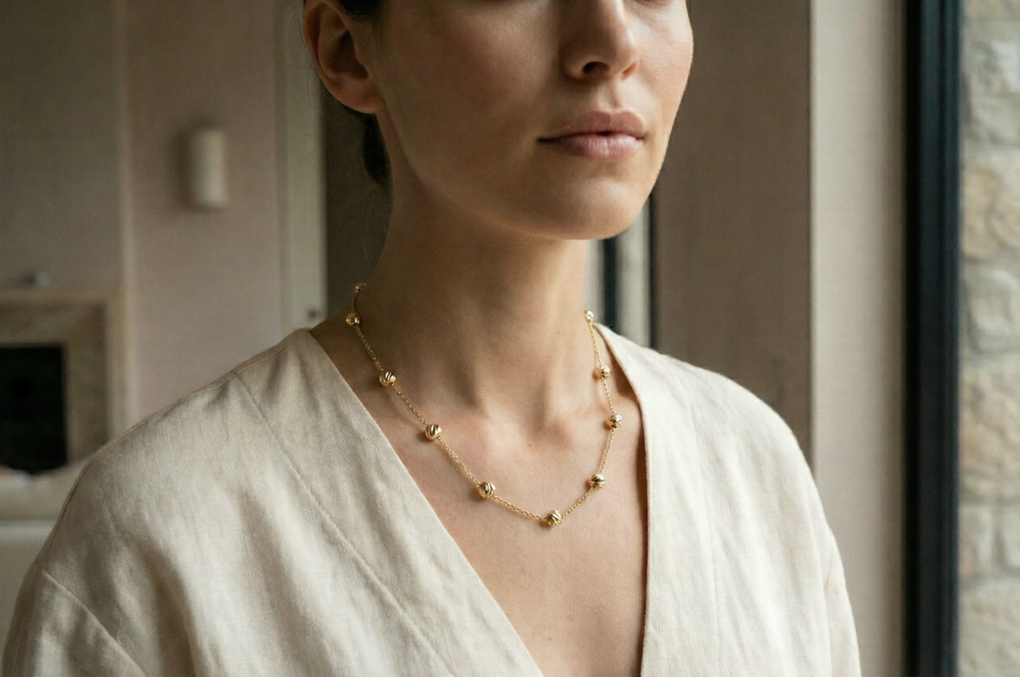 14K Gold Necklace with Diamond-Cut Beads