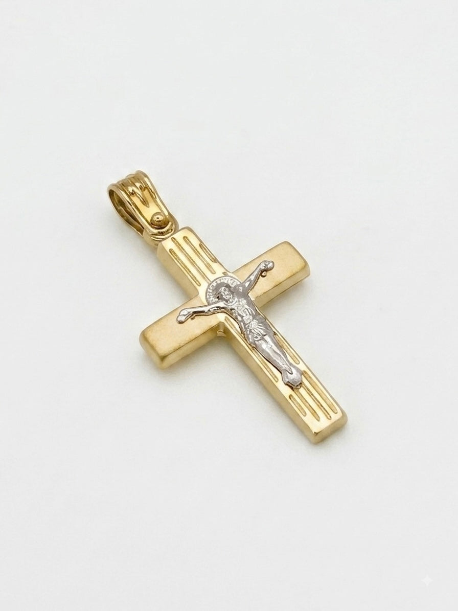 Elegant Two-Toned 9 Karat Gold Double-Sided Men's Cross Pendant with Baptism Scene