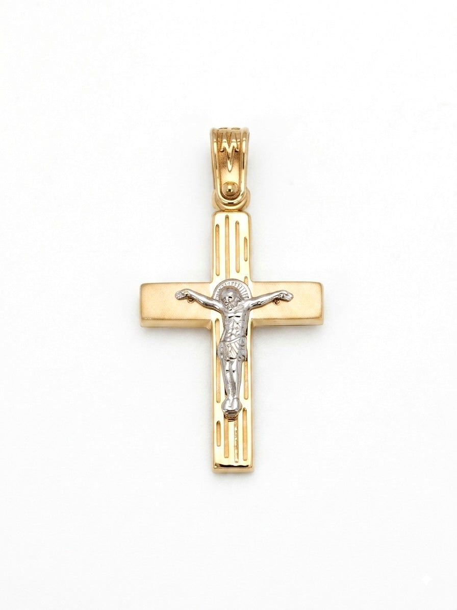 Elegant Two-Toned 9 Karat Gold Double-Sided Men's Cross Pendant with Baptism Scene