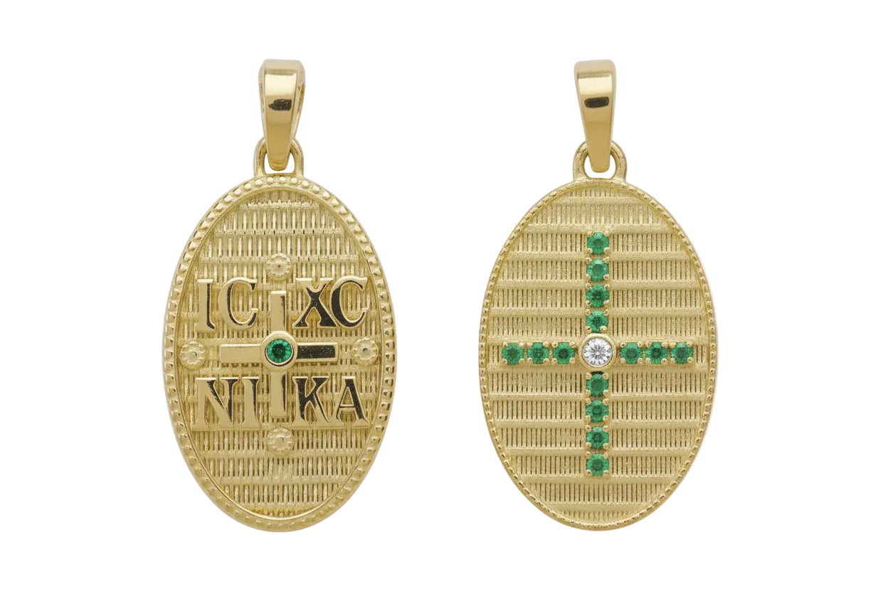 Oval Double-Sided Konstantinato Pendant IC XC NI KA with White and Green Stones, 14K Gold