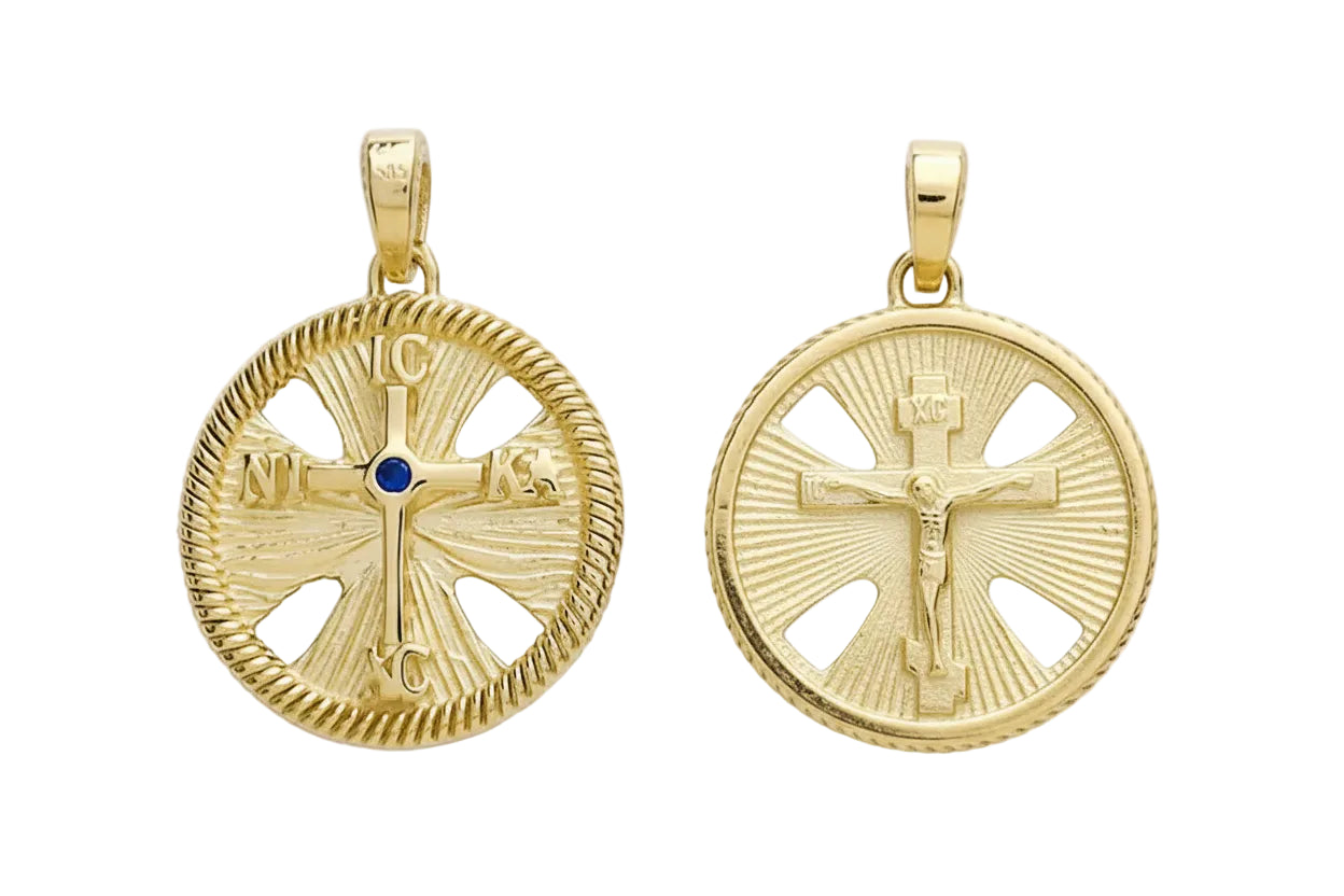 Double-Sided Round Konstantinato Amulet IC XC NI KA with Crucifix and Blue Stone, 14K Gold