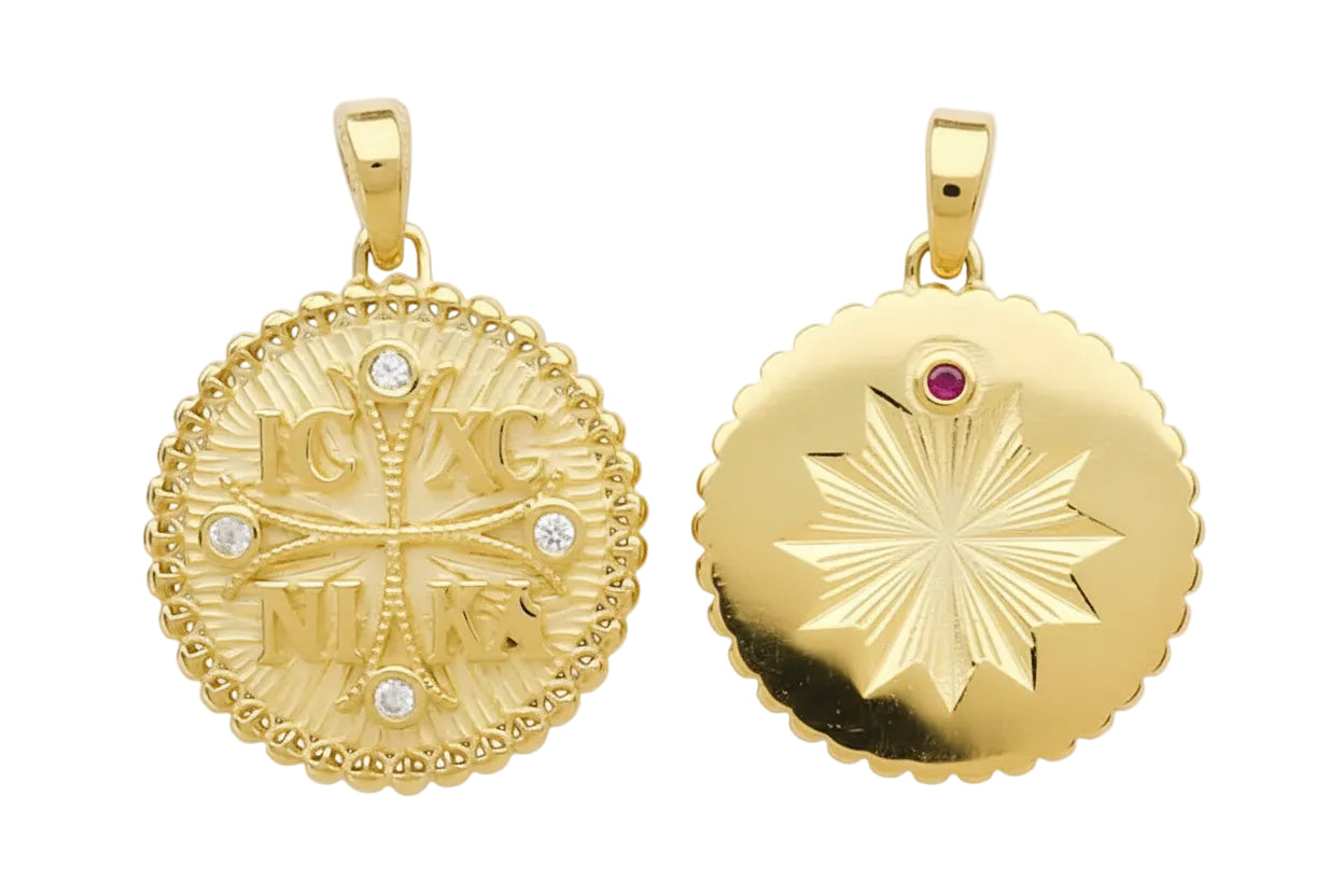 Double-Sided Round Konstantinato Amulet IC XC NI KA, 14K Gold