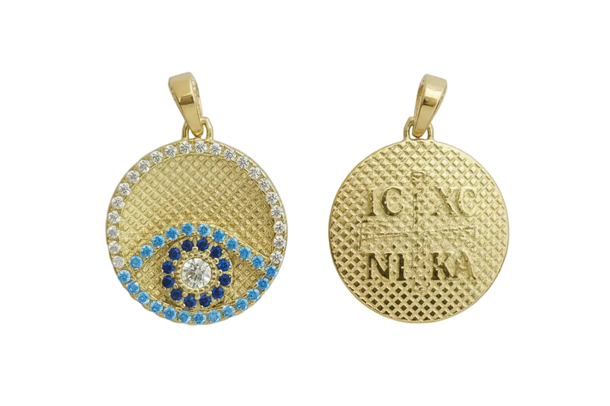 Round Konstantinato Evil Eye Amulet IC XC NI KA with White, Blue and Aquamarine Stones, 14K Gold
